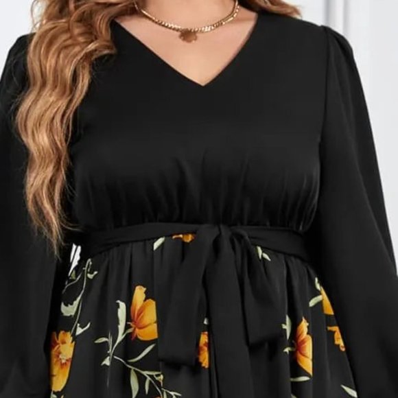 Melo Apparel Plus Size Floral Print Tie Belt V-Neck Balloon Sleeve Midi Dress - Picture 3 of 7